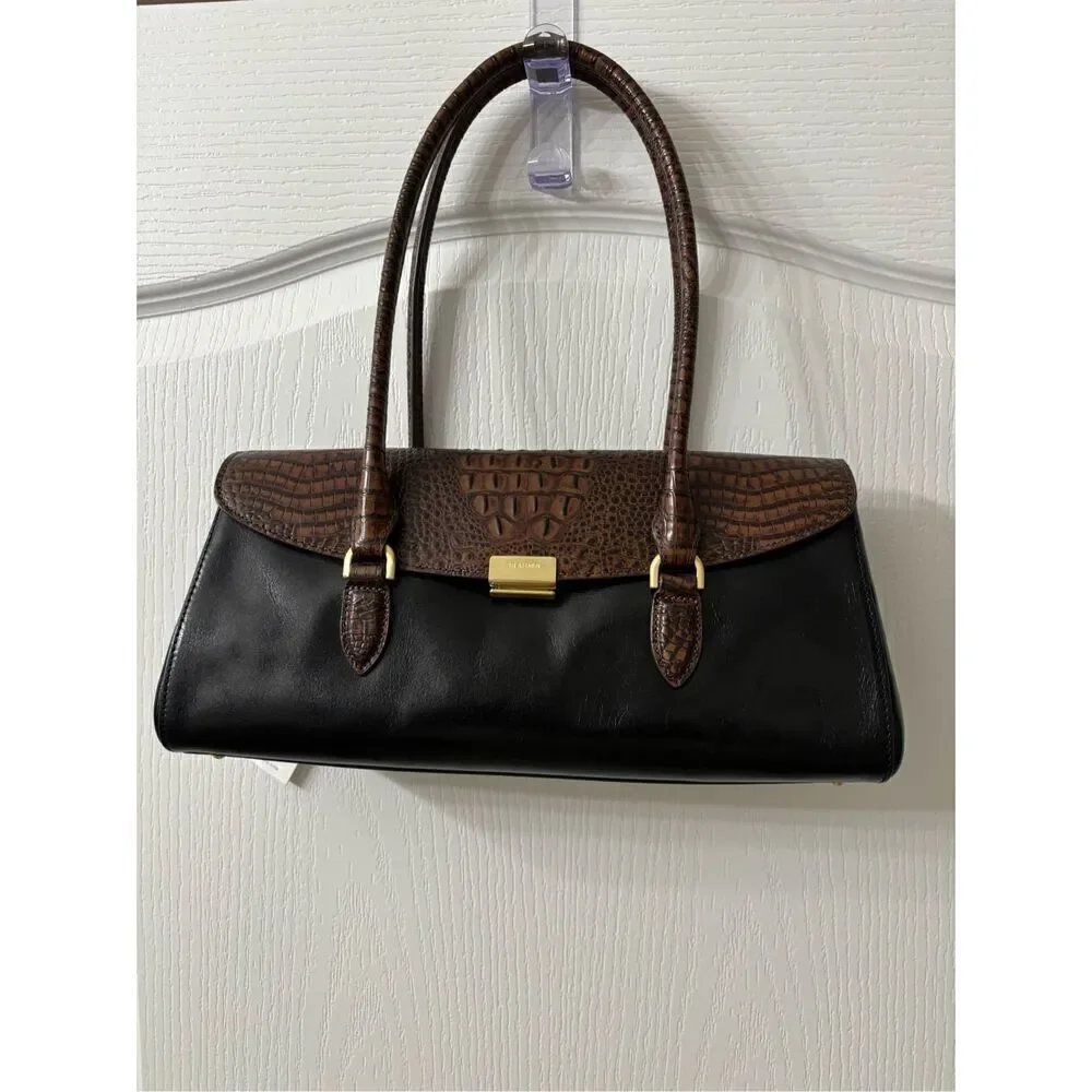 Brahmin Brown Croc-Textured & Black Leather Satchel - Picture 5 of 6